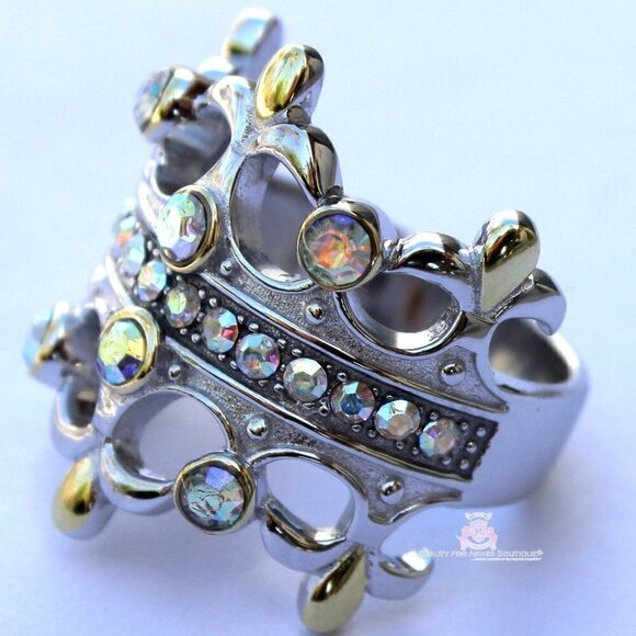 925 Sterling Silver Double Blessing Crown Princess Aurora Borealis Cz Ring Sz 6 - Picture 10 of 16